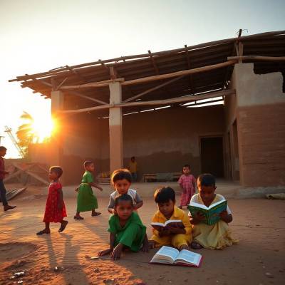 Crianças sentadas ao ar livre em uma aula comunitária, aprendendo e sonhando com um futuro melhor.